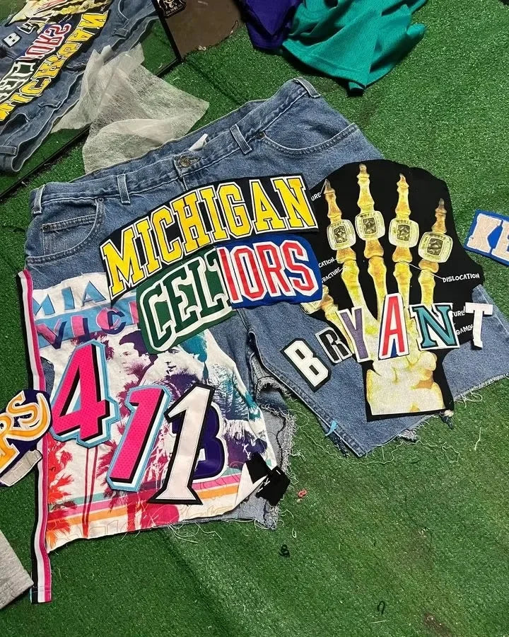 Y2K Jeans Men Women Hip Hop Cartoon Graphics Streetwear Retro Patchwork Denim Short Retro Blue Loose Denim Fitness Casual Shorts