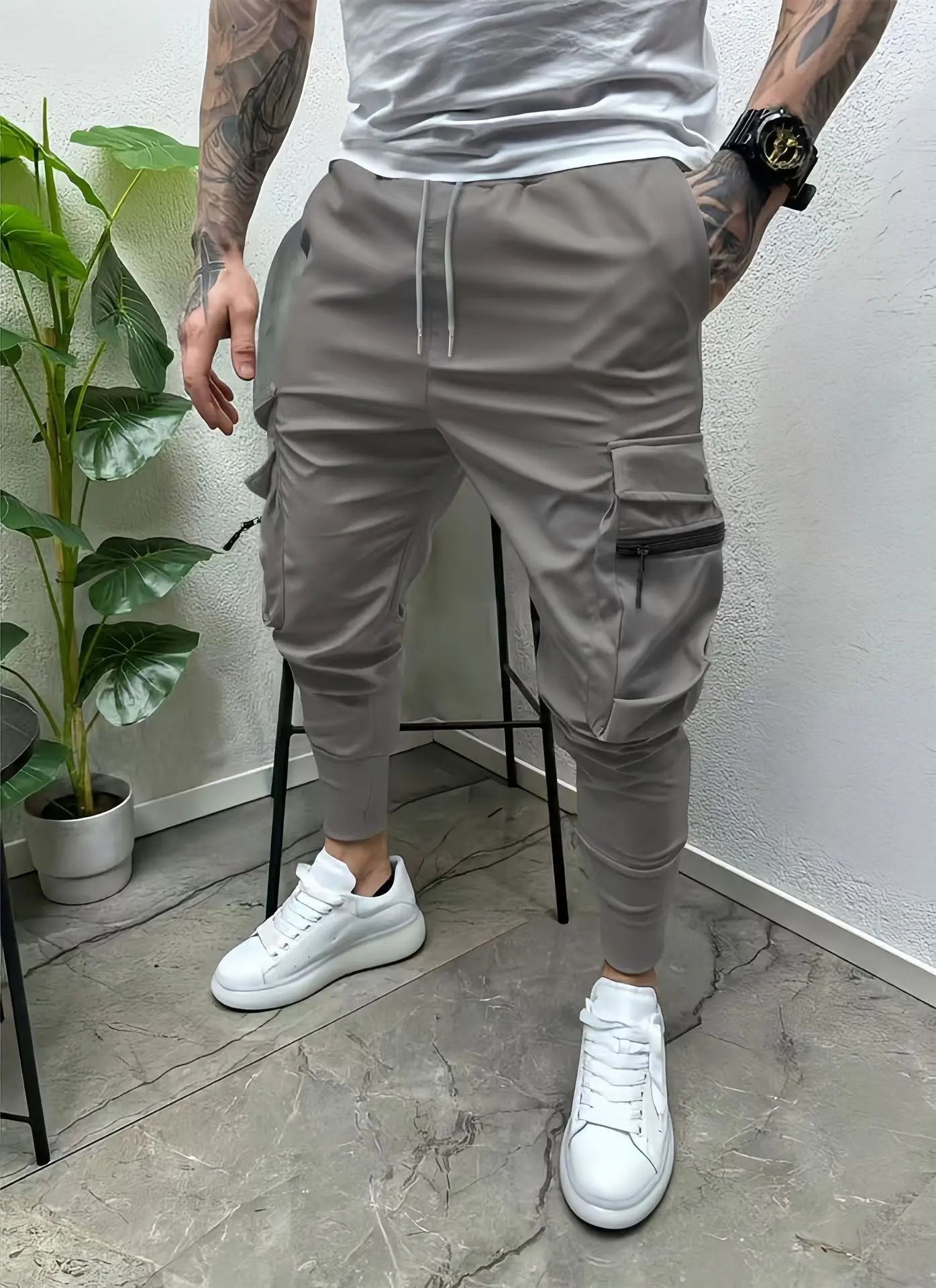 Men's spring and autumn drawstring casual multi-pocket leg slim-fit street overalls outdoor trend pants and fitness pants