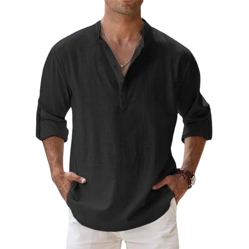 Spring and Autumn New Men's Linen Long Sleeve Breathable Shirt Solid Color Casual Basic Cotton Linen Shirt Tops Hemp Shirt