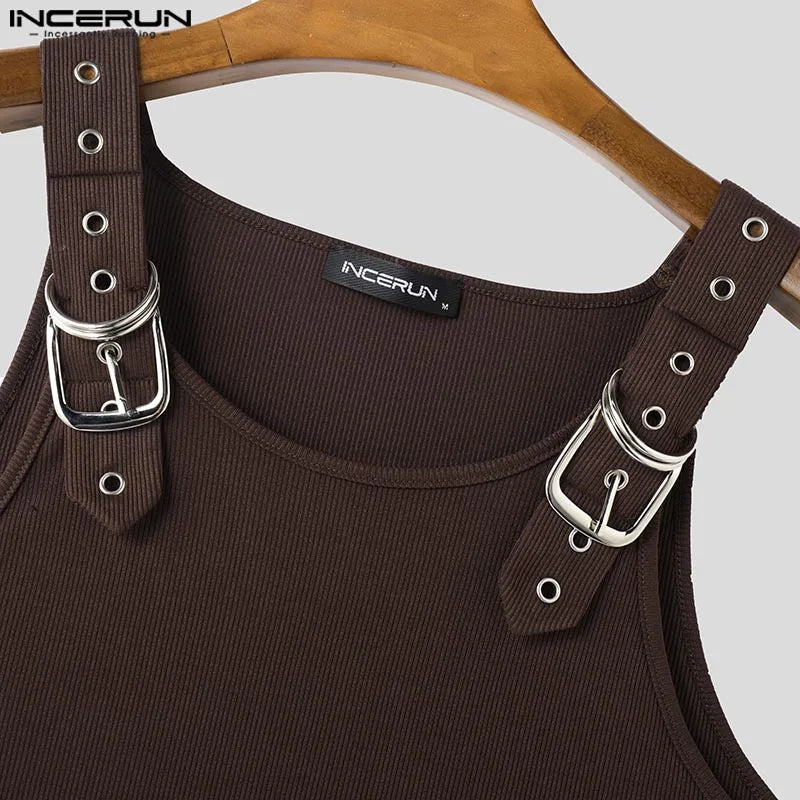INCERUN Tops American Style Fashion New Men Deconstruction Design Metal Buckle Mesh Vests Casual Streetwear Male Solid Tank Tops
