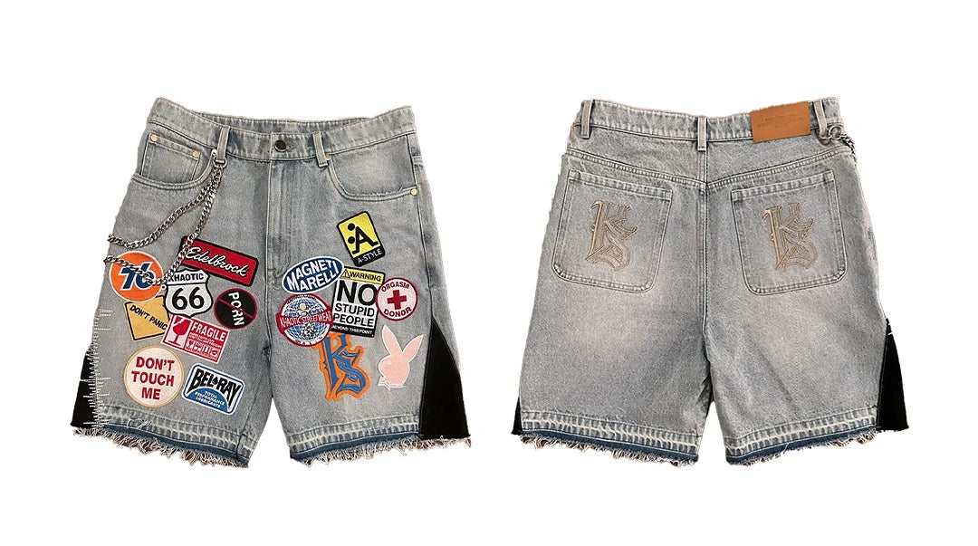 Y2K Jeans Men Women Hip Hop Cartoon Graphics Streetwear Retro Patchwork Denim Short Retro Blue Loose Denim Fitness Casual Shorts