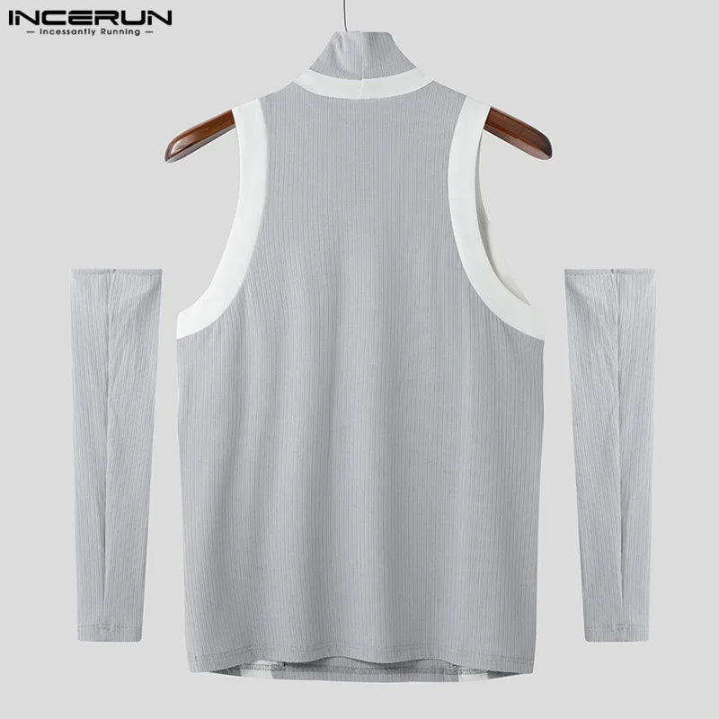 INCERUN 2025 Men T Shirts Patchwork Turtleneck Off Shoulder Long Sleeve Casual Men Clothing Streetwear Sexy Unisex Tee Tops