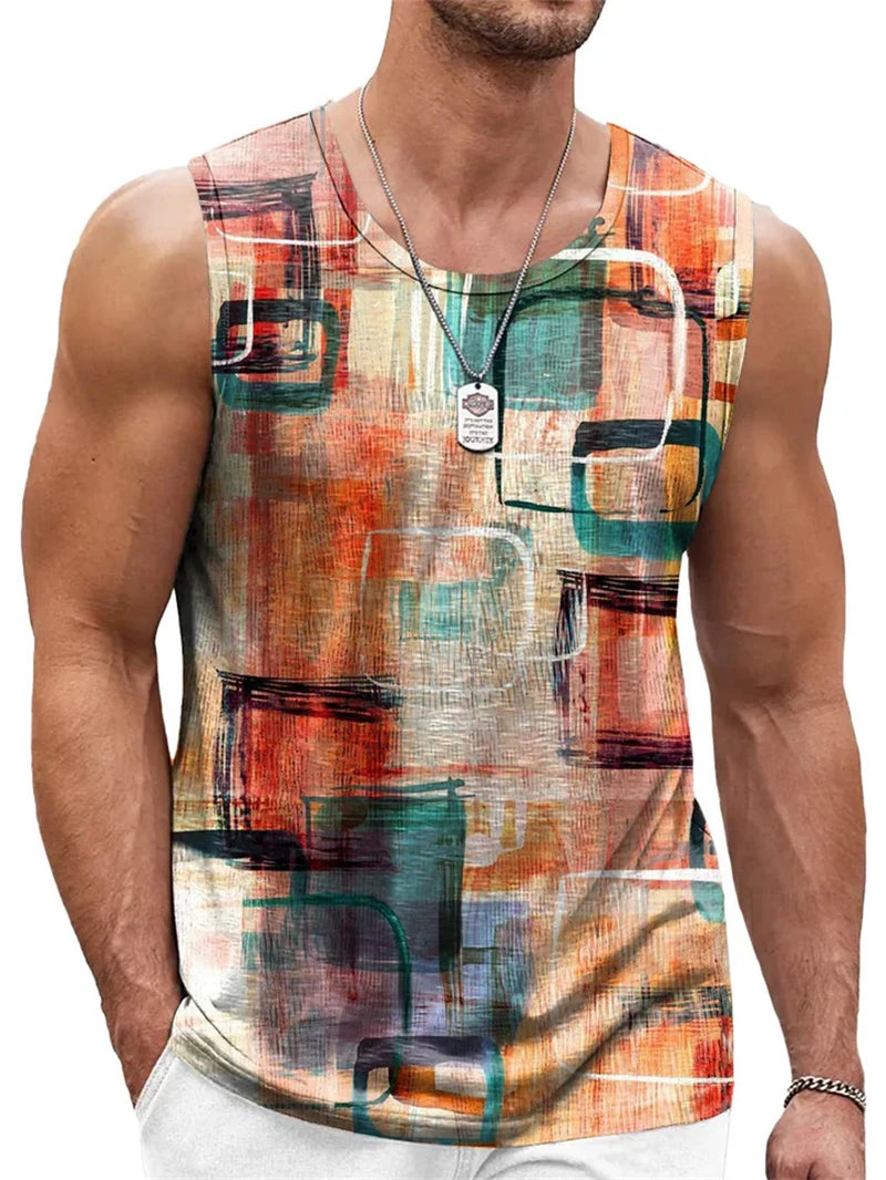 Mens Retro Geometric 3D Printed Tank Top Summer Casual Crew Neck Fashion Trend Sleeveless Vest Loose Breathable Sports Tops