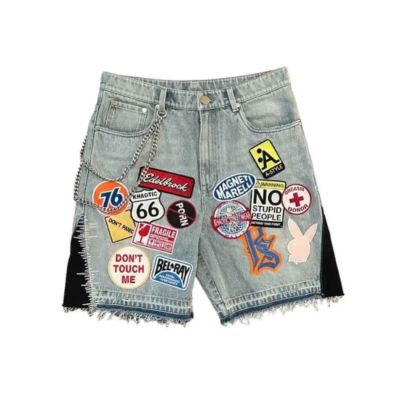 Y2K Jeans Men Women Hip Hop Cartoon Graphics Streetwear Retro Patchwork Denim Short Retro Blue Loose Denim Fitness Casual Shorts