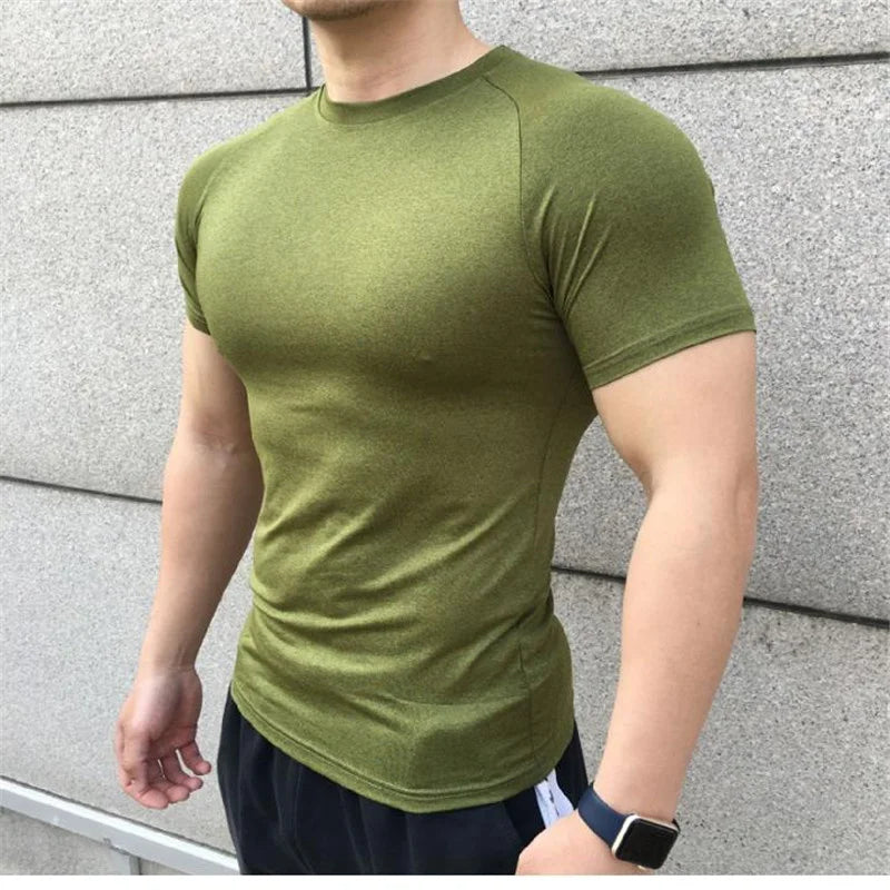 2025 New Men Summer Short Sleeve Fitness Shirt Running Sport Gym Compression T Shirt Workout Casual Elastic Force Tops Clothing