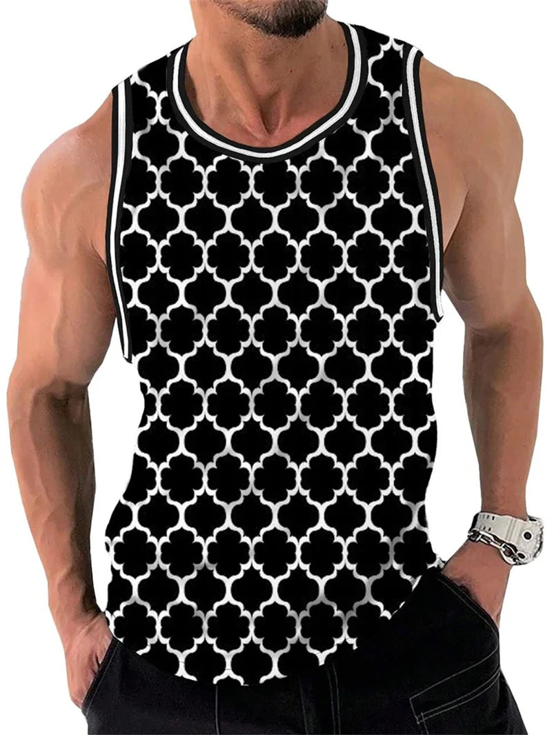 Mens Retro Geometric 3D Printed Tank Top Summer Casual Crew Neck Fashion Trend Sleeveless Vest Loose Breathable Sports Tops