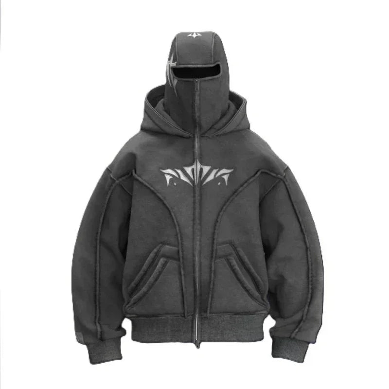 Y2K Ninja Hoodie Gothic Trendy Double Hat Design Functional Streetwear Vintage High Street Men Women Oversized Casual Pullover