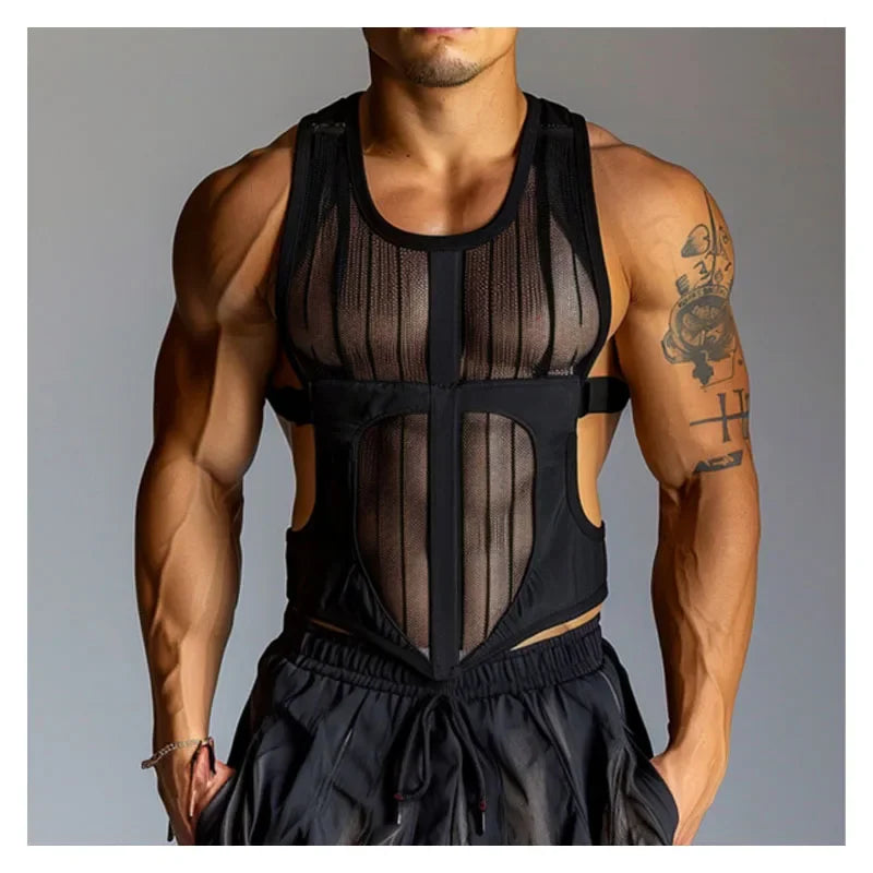 Men's Tank Top Outdoor Sports Black Cutout Vest Top Men's Sheer Mesh Fitness Sleeveless Vest Men Summer Mesh Vest Men's Clothing
