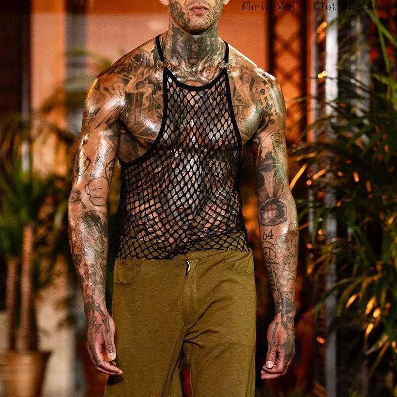 Men's Tank Top Outdoor Sports Black Cutout Vest Top Men's Sheer Mesh Fitness Sleeveless Vest Men Summer Mesh Vest Men's Clothing