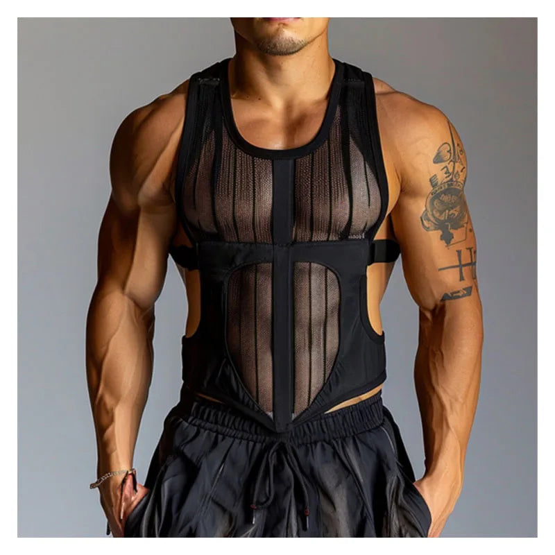 Men's Tank Top Outdoor Sports Black Cutout Vest Top Men's Sheer Mesh Fitness Sleeveless Vest Men Summer Mesh Vest Men's Clothing