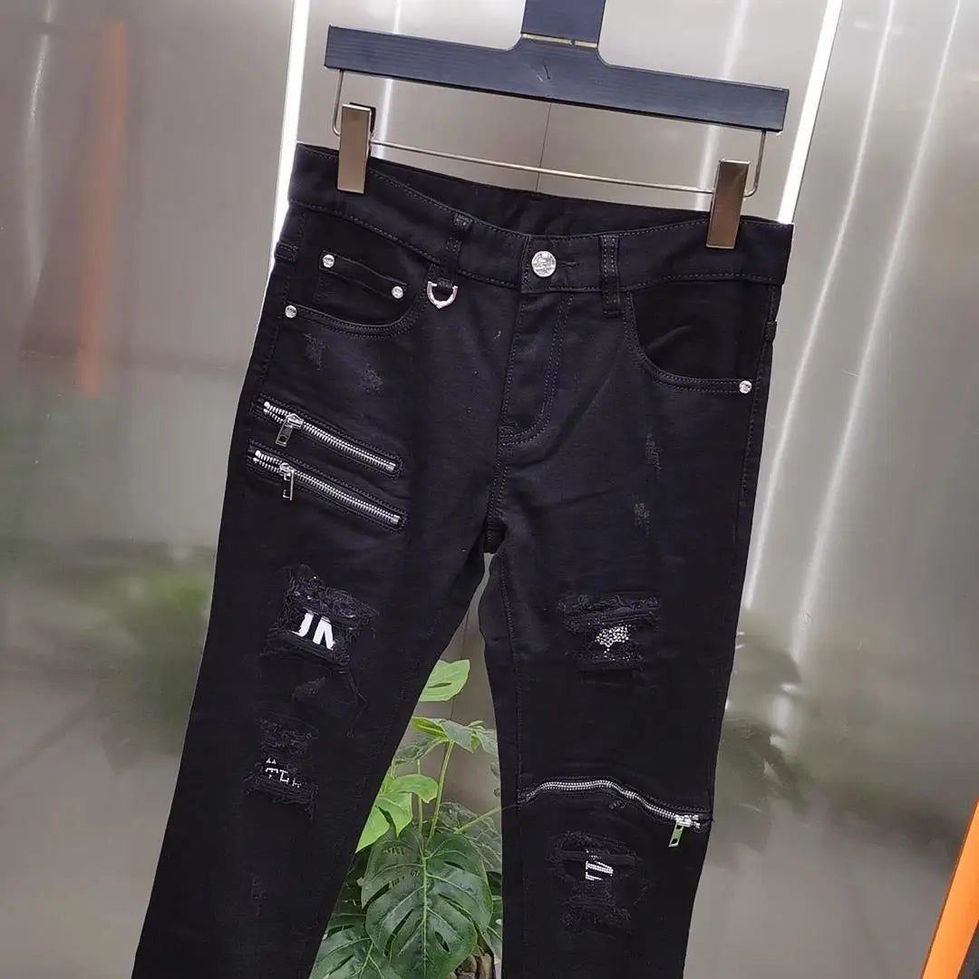 Luxury Men's High Street Korean Black Jeans with Zipper Distressed Hole Designer Youth Trend Slim-Fit Black Cotton Trousers