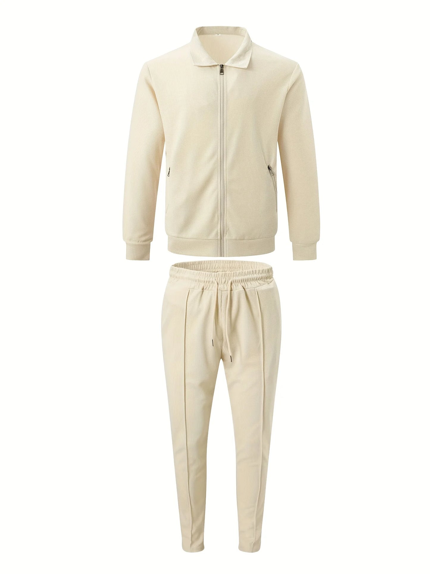 Men's Slim Fit Jacket with Zipper Pocket, Long Sleeved Sportswear, Cardigan Jacket Set, Long Pants, Elegant, two-Piece Set