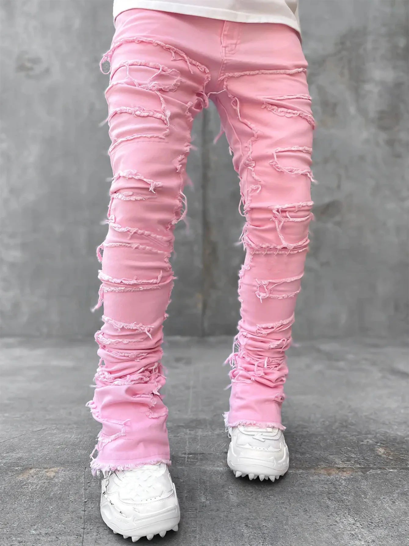 High Street White Men's Stacked Jeans Stretched Patchwork Tassel Damaged Denim Full Length Pants Hip-pop Trousers For Male 