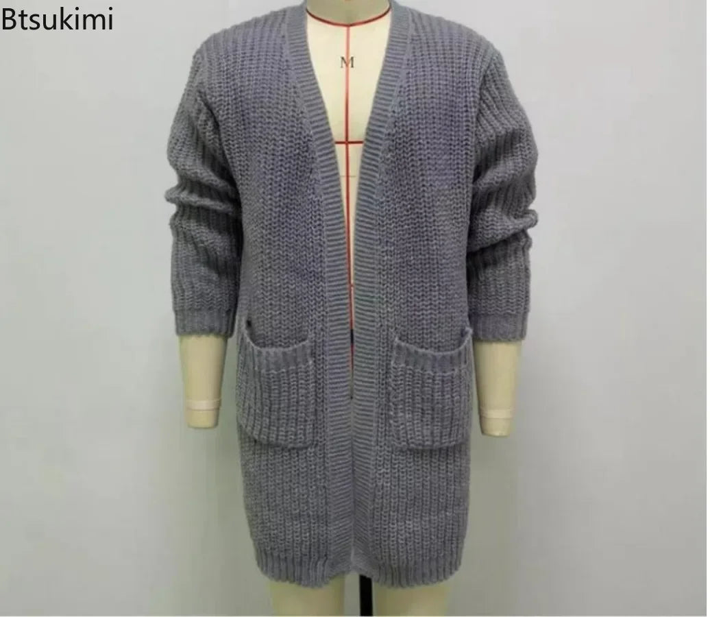 2025 Men's Thick Warm Knitted Cardigan Sweater Long Sleeve Loose Streetwear Knitted Mid Length Coat Jacket Men's Winter Clothing