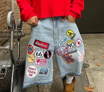 Y2K Jeans Men Women Hip Hop Cartoon Graphics Streetwear Retro Patchwork Denim Short Retro Blue Loose Denim Fitness Casual Shorts