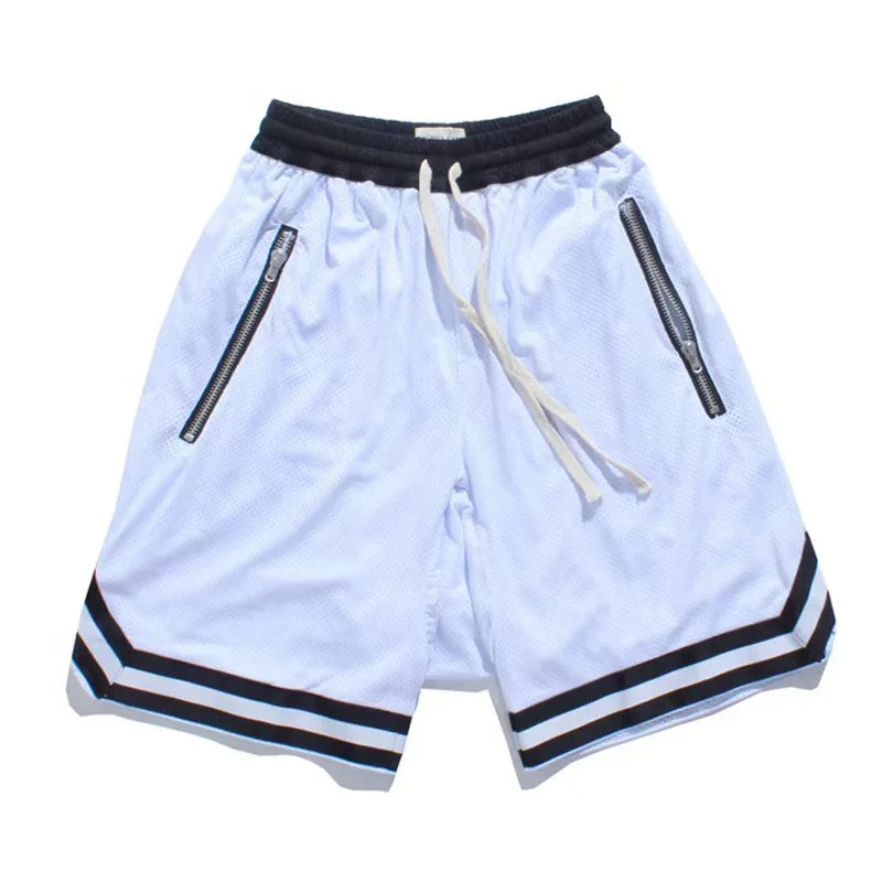 2025 New Knee Length Basketball Shorts Men Striped Loose Running Sport Gym Mesh Breathable Fitness Training Workout Bottom Male
