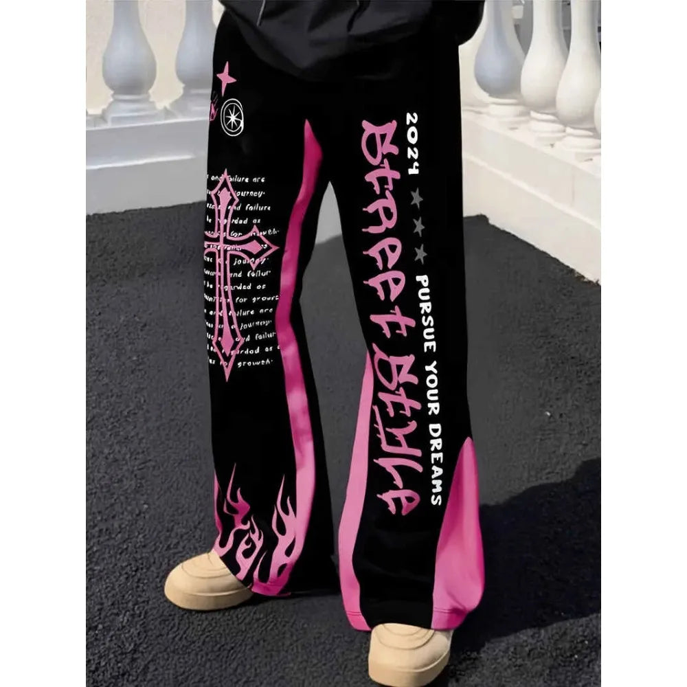Men's Casual Street Style Trendy Cross Print Fashionable Slightly Flared Black and White Color-Block Design Sweatpants Men Pants