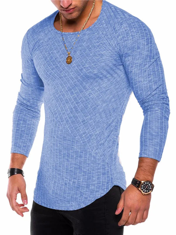 Men's Knitted Thin Base Sweater with Curved Hem Design Round Neck Tight Fit Elastic Long Sleeved T-shirt Thin Sweater