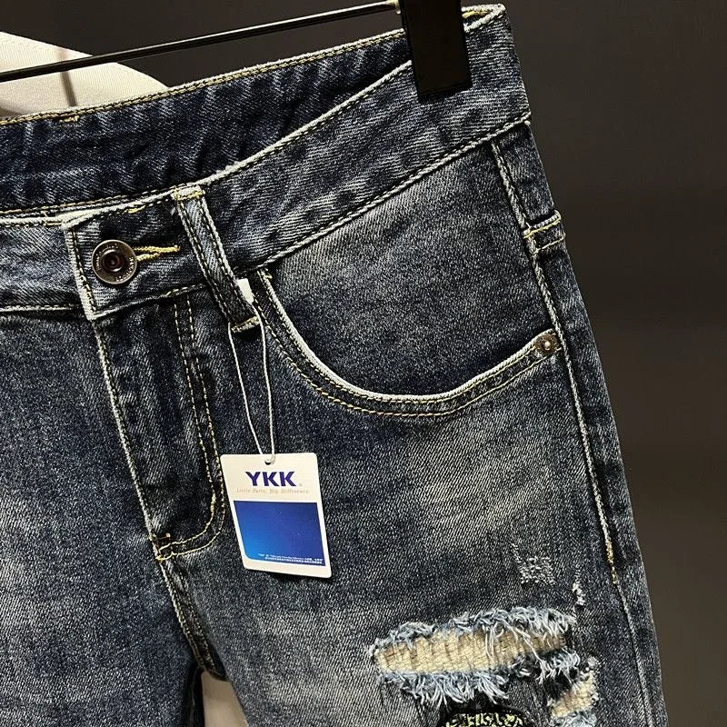 Spring and Autumn New Men's Fashion Trend Ripped Patch Small Foot Pants Men's Casual Slim Comfortable High-Quality Jeans