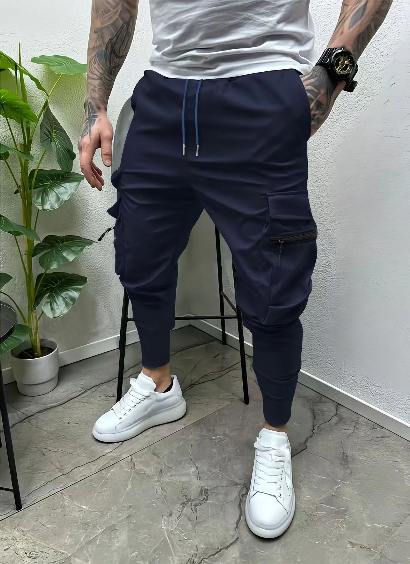 Men's spring and autumn drawstring casual multi-pocket leg slim-fit street overalls outdoor trend pants and fitness pants