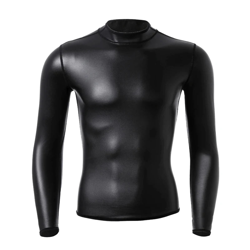 High quality Men's Leather Shirt New Men Sexy Leather T-Shirt Plus Size S-6XL Faux Leather Long Sleeve Top Black Slim Undershirt
