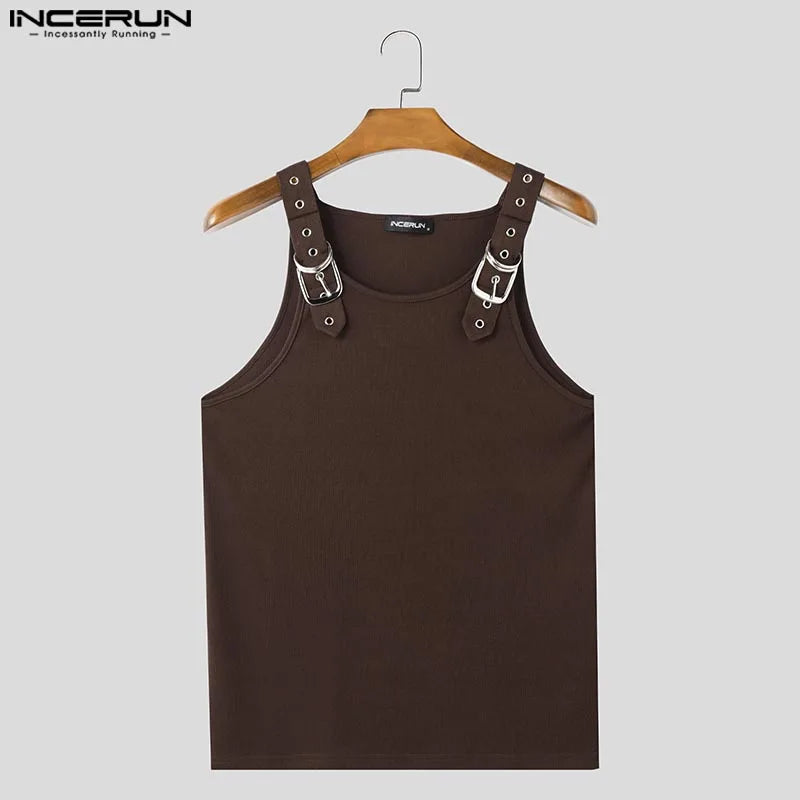 INCERUN Tops American Style Fashion New Men Deconstruction Design Metal Buckle Mesh Vests Casual Streetwear Male Solid Tank Tops