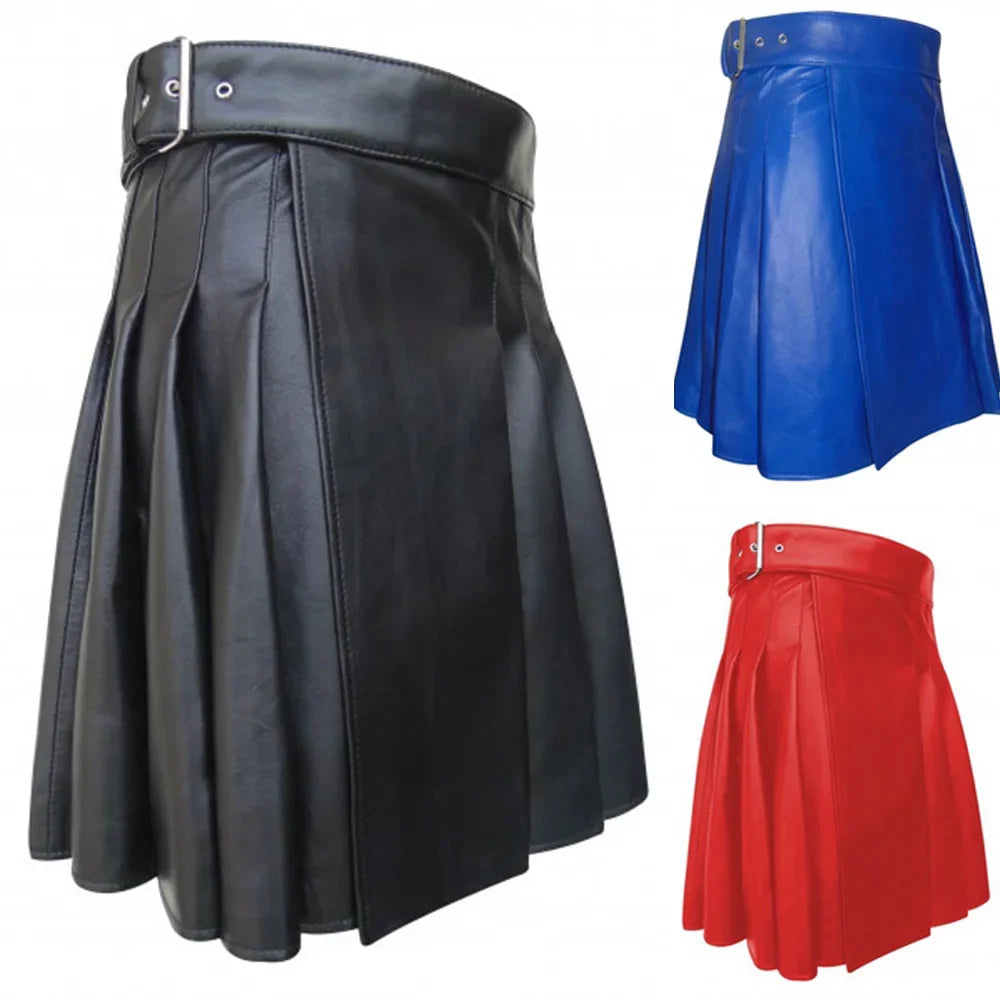 Men Gladiator Scottish Highland Utility Kilt Larp PU Leather Club Pleated Skirt Fashion Kilt Party Punk Rock Skirts Streetwear