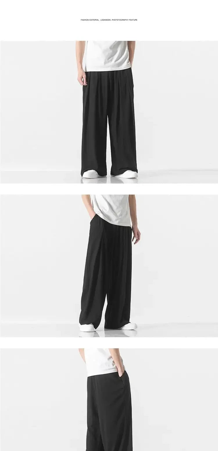 Hanfu Spirit Draped Linen Pants For Men Straight-leg Casual Trousers Chinese Style Loose-fit Ancient Wide-leg Song Trousers