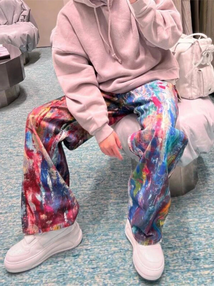 Y2K Fashion Men's Colorful Printing Denim Pants Spring Autumn New Casual Loose Straight Jeans Men Hip Hop Baggy Jean Trousers