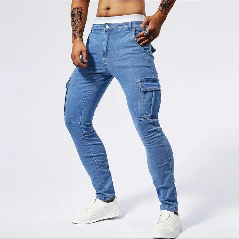 2025 New Men Street Elastic Denim Jeans Multi Pockets Cargo Pants Casual Slim Denim Trousers Fashion Y2k Joggers Baggy Man Pants