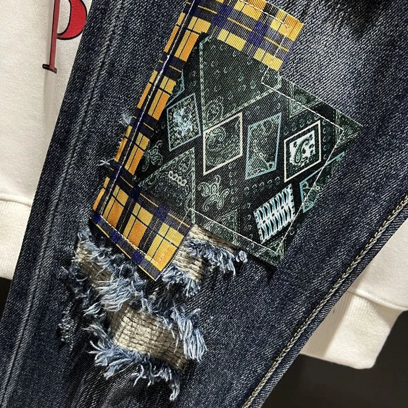 Spring and Autumn New Men's Fashion Trend Ripped Patch Small Foot Pants Men's Casual Slim Comfortable High-Quality Jeans