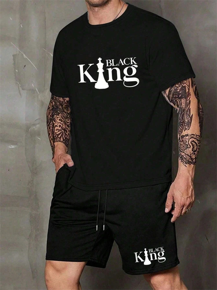 New Men's Short Sleeve Shorts Set Fashion King Printed T-Shirt Shorts 2 Sets of Casual Round Neck Jumper Breathable Sportswear