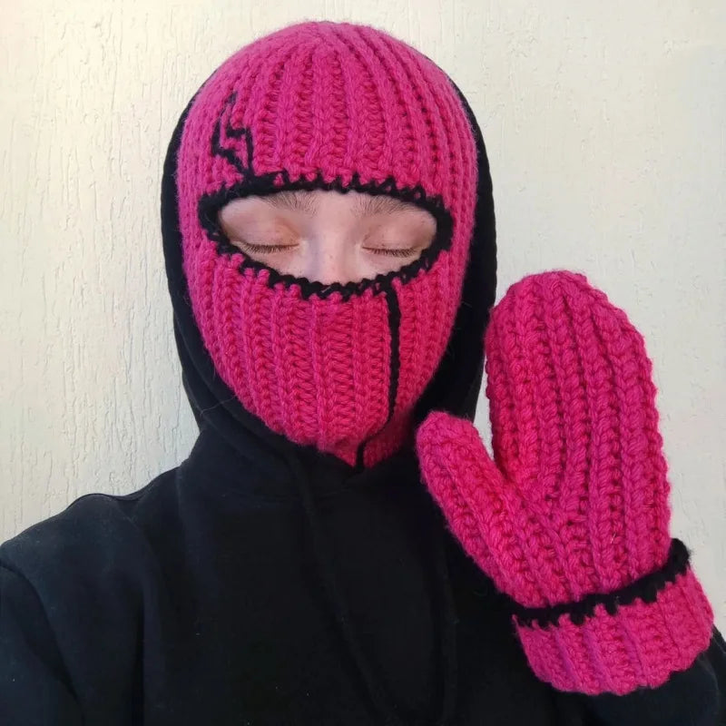 Funny Horns Knitted Hat Cosplay Halloween Masquerade Beanies Warm Full Face Cover Ski Mask Hat Windproof Helmet Trick Scare Prop