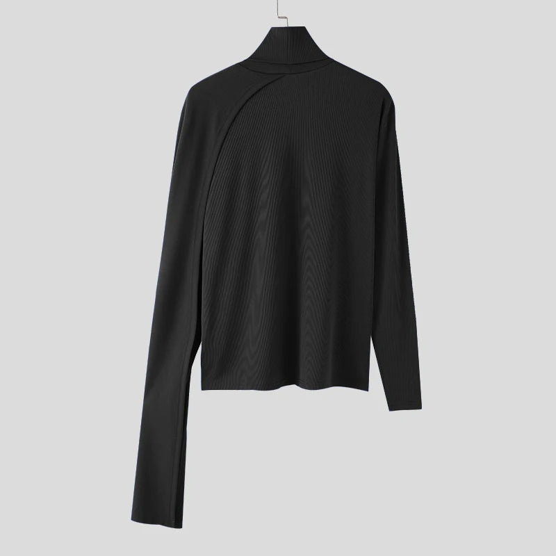 INCERUN Men Irregular Pullovers Solid Color Turtleneck Long Sleeve Knitted Casual Sweaters Streetwear Autumn 2023 Men Clothing