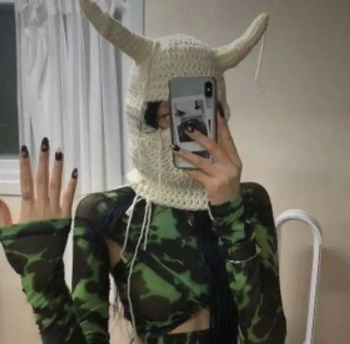 Funny Horns Knitted Hat Cosplay Halloween Masquerade Beanies Warm Full Face Cover Ski Mask Hat Windproof Helmet Trick Scare Prop
