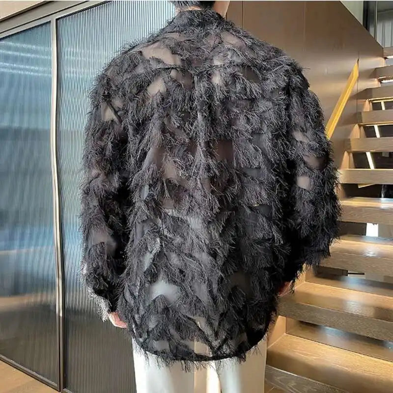 IEFB Korean Style Male Shirts Casual Tassel Lapel Long Sleeve Signle Breasted Solid Color Loose Men's Tops New Tide 2024 9C6460