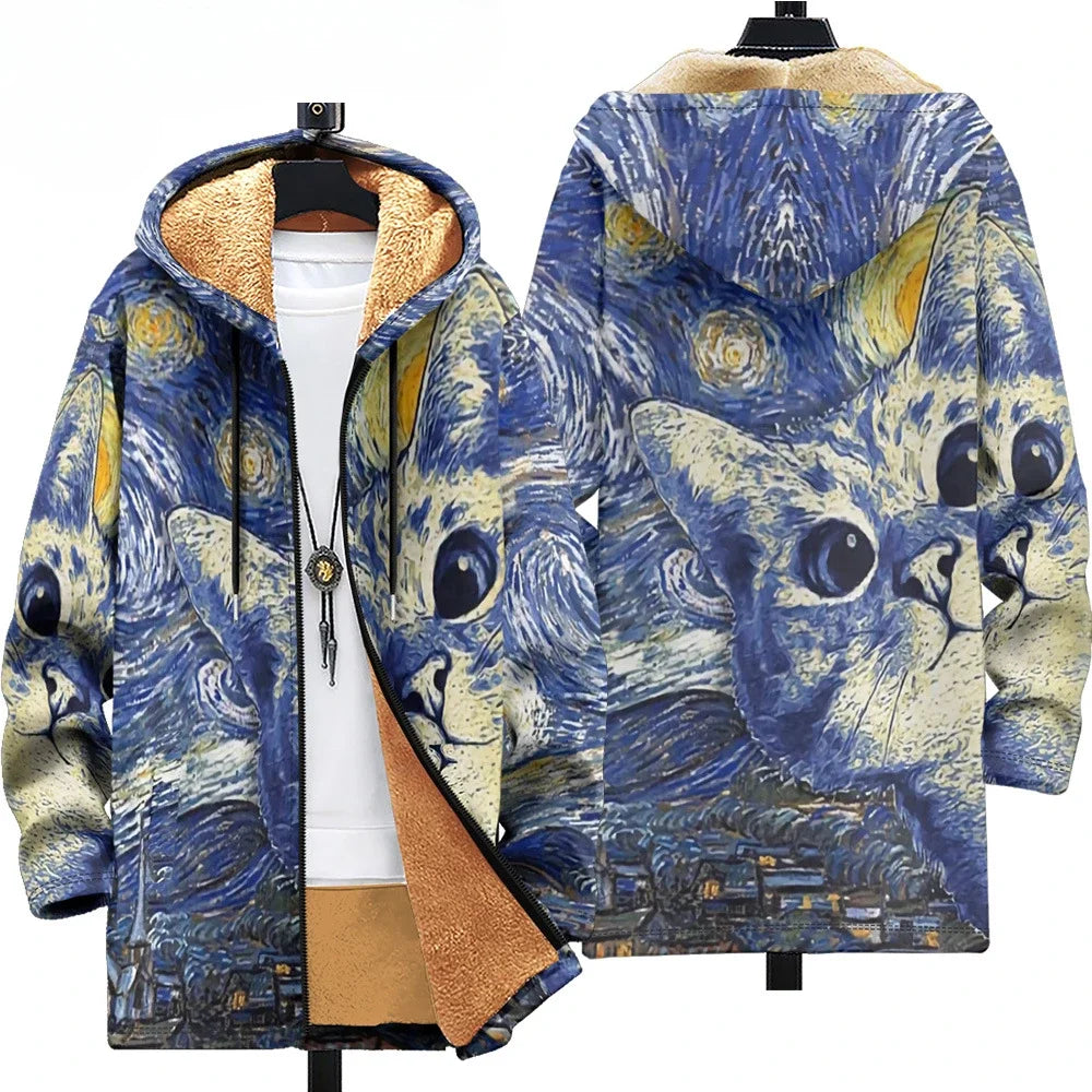 Men Cardigans Coats Wave Art Graphics Printed Japanese Style Plush Thick Winter Jackets Casual Streetwear for Unisex Clothing