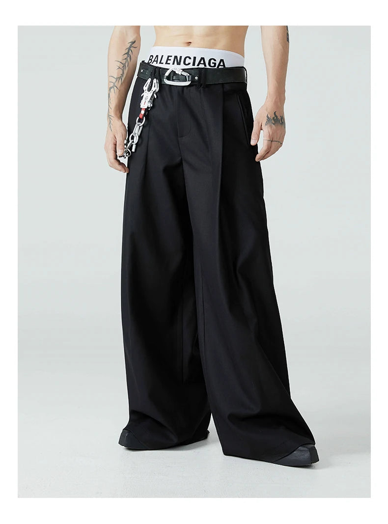Mauroicardi Spring Autumn Long Loose Casual Baggy Flowy Soft Black Pleated Wide Leg Pants Men Luxury Designer Emo Clothing 2024
