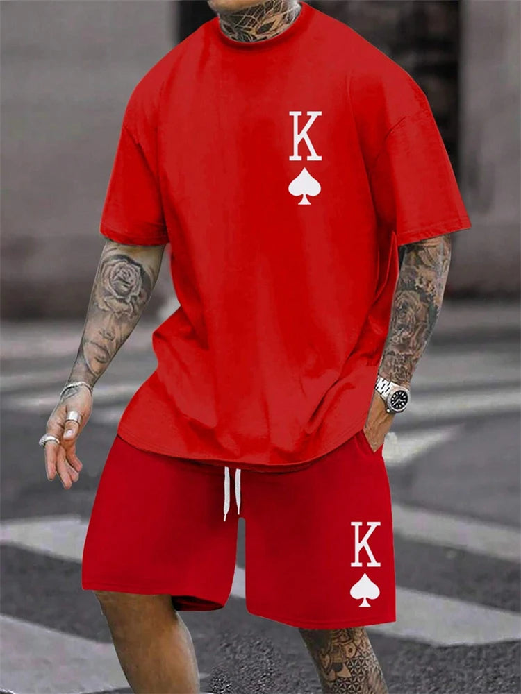 New Men's Short Sleeve Shorts Set Fashion King Printed T-Shirt Shorts 2 Sets of Casual Round Neck Jumper Breathable Sportswear