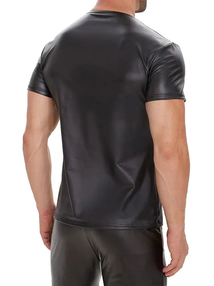 S-5XL Short Sleeve Faux PU Leather T Shirt Men Tights Bodybuilding Hot Muscle Tees Fitness Shapers Cosplay Clubwear Gothic Tops