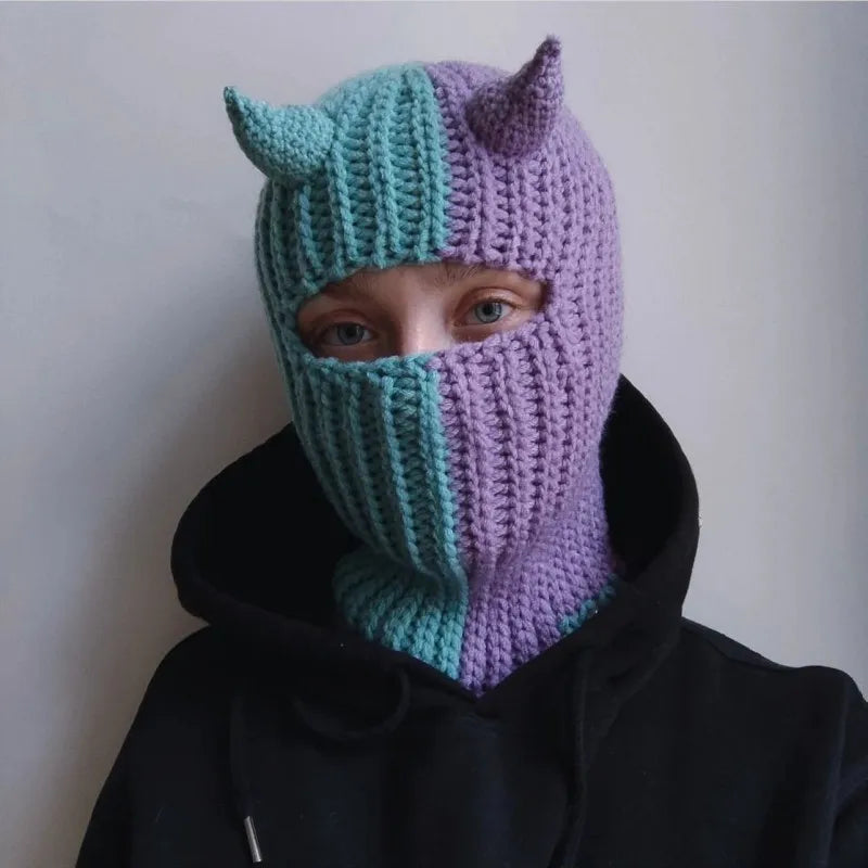 Funny Horns Knitted Hat Cosplay Halloween Masquerade Beanies Warm Full Face Cover Ski Mask Hat Windproof Helmet Trick Scare Prop