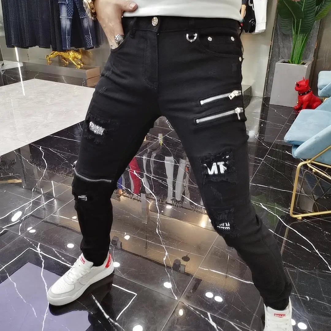 Luxury Men's High Street Korean Black Jeans with Zipper Distressed Hole Designer Youth Trend Slim-Fit Black Cotton Trousers