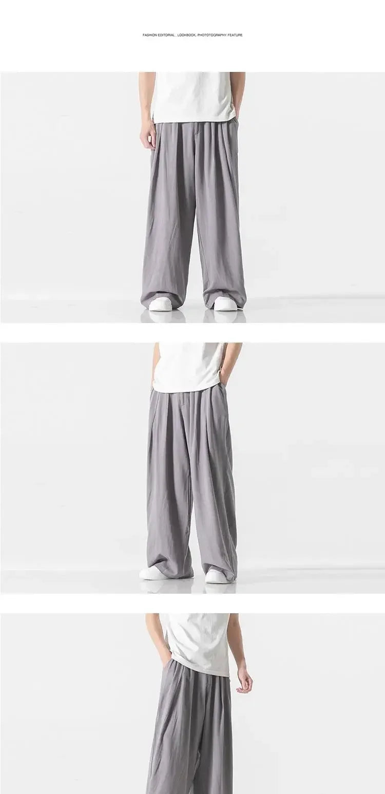 Hanfu Spirit Draped Linen Pants For Men Straight-leg Casual Trousers Chinese Style Loose-fit Ancient Wide-leg Song Trousers