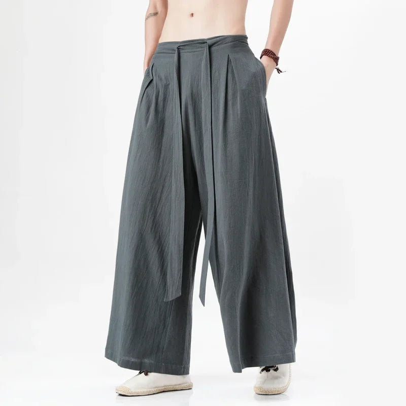 Spring Men Chinese Style Cotton Linen Harajuku Pants Men Kung Fu Kimono Trousers Male Street Wushu Wide Leg Pants Bottom