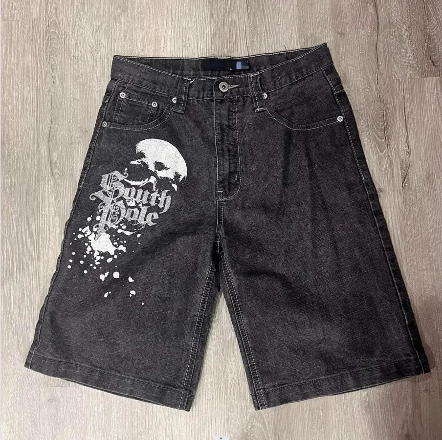 Gothic Punk Skull Letter Pattern Patchwork Shorts Men Y2k Streetwear Pants Hip Hop Fashion Denim Shorts Summer New Hot Sale