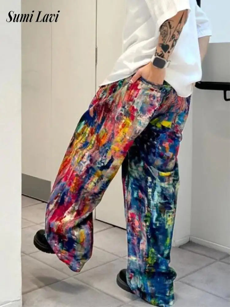 Y2K Fashion Men's Colorful Printing Denim Pants Spring Autumn New Casual Loose Straight Jeans Men Hip Hop Baggy Jean Trousers