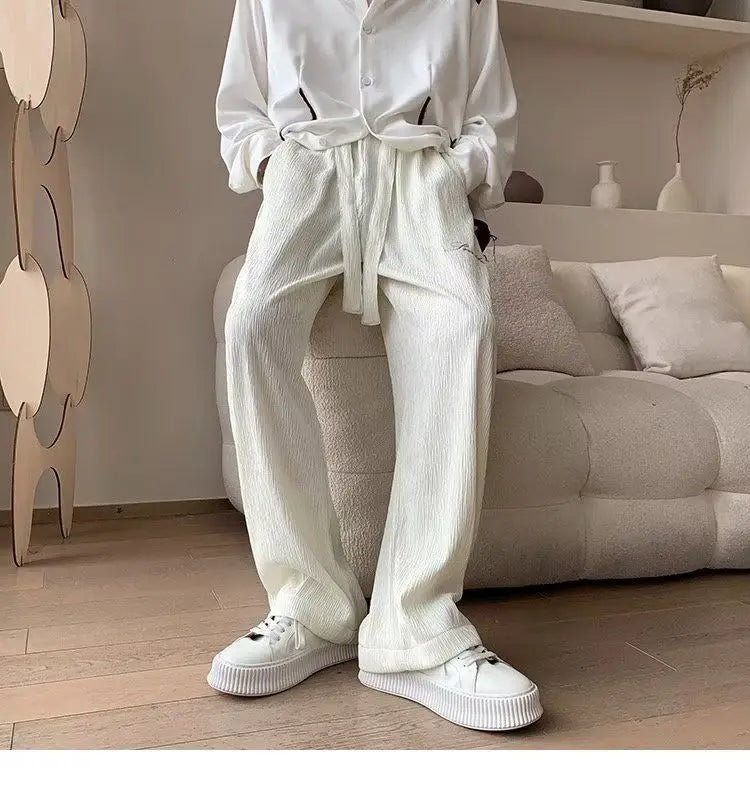 Casual Ice Silk Pants Men Wide Leg Lightweight Baggy Sweatpants White Straight Linen Trousers Male Summer Elastic Hiking