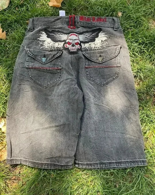 Gothic Punk Skull Letter Pattern Patchwork Shorts Men Y2k Streetwear Pants Hip Hop Fashion Denim Shorts Summer New Hot Sale