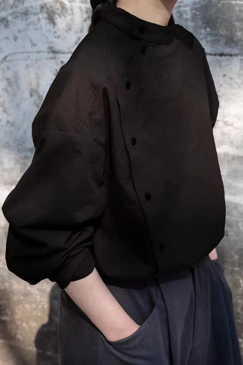 Elegant Grey-Brown Stand Collar Long Sleeve Shirt New Chinese Style Fashionable Design Cotton Top for Young Women