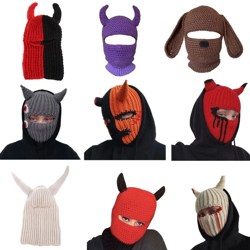 Funny Horns Knitted Hat Cosplay Halloween Masquerade Beanies Warm Full Face Cover Ski Mask Hat Windproof Helmet Trick Scare Prop